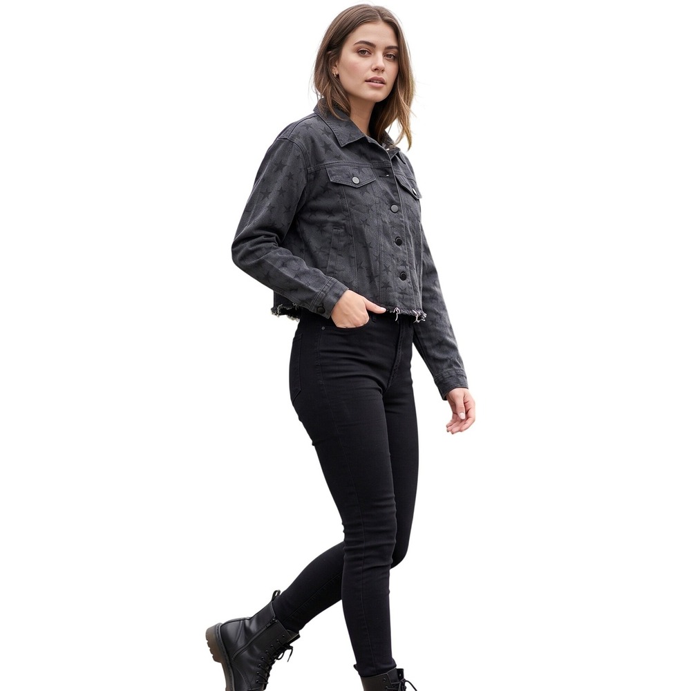 Andrée by Unit Cropped Denim Jacket Small Gray AOP Celestial Grunge Whimsigoth